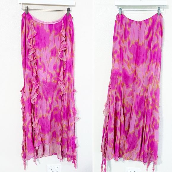 The Wolf Gang Rhapsody Maxi Skirt Candy Haze Frilly High Slit Hot Pink Floral - Picture 6 of 13